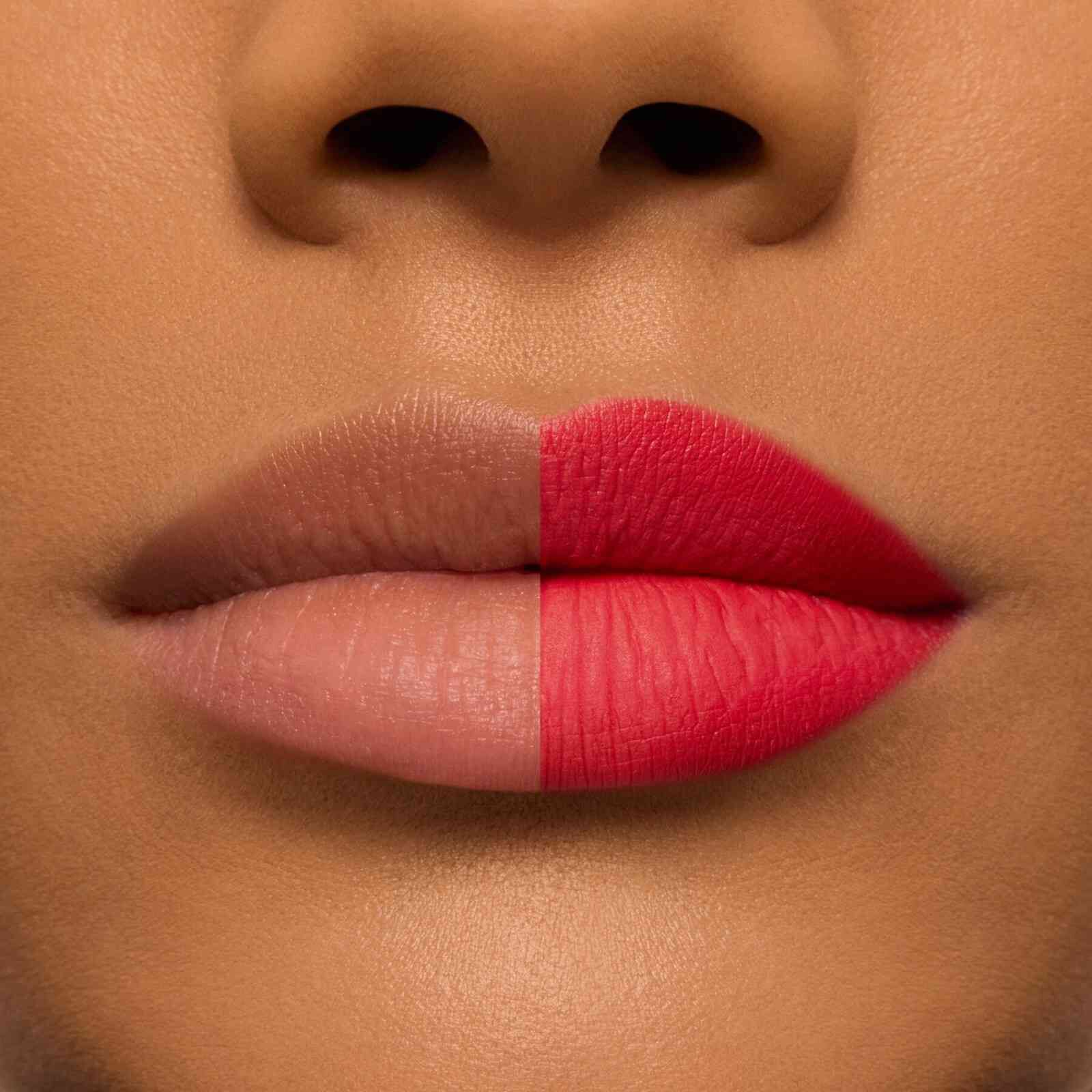 Before and after application of Lancome L'Absolu Rouge Drama Matte lipstick on medium skin, highlighting its full-coverage matte finish