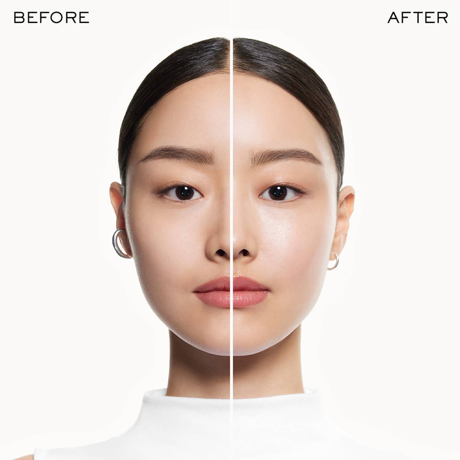 Before after application packshot with the model.