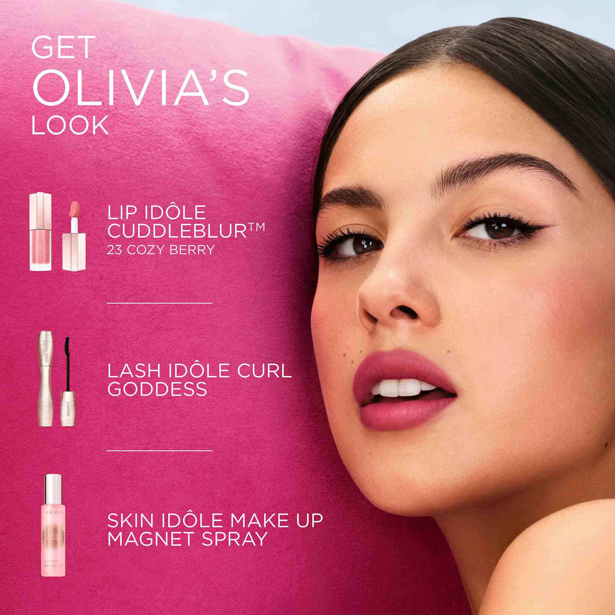 Olivia Rodrigo’s featured makeup look listing the specific products used.