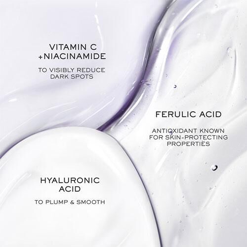 Close-up of Lancome Renergie H.C.F. Triple Anti-Ageing Serum ingredients, highlighting Vitamin C + Niacinamide, Ferulic Acid, and Hyaluronic Acid
