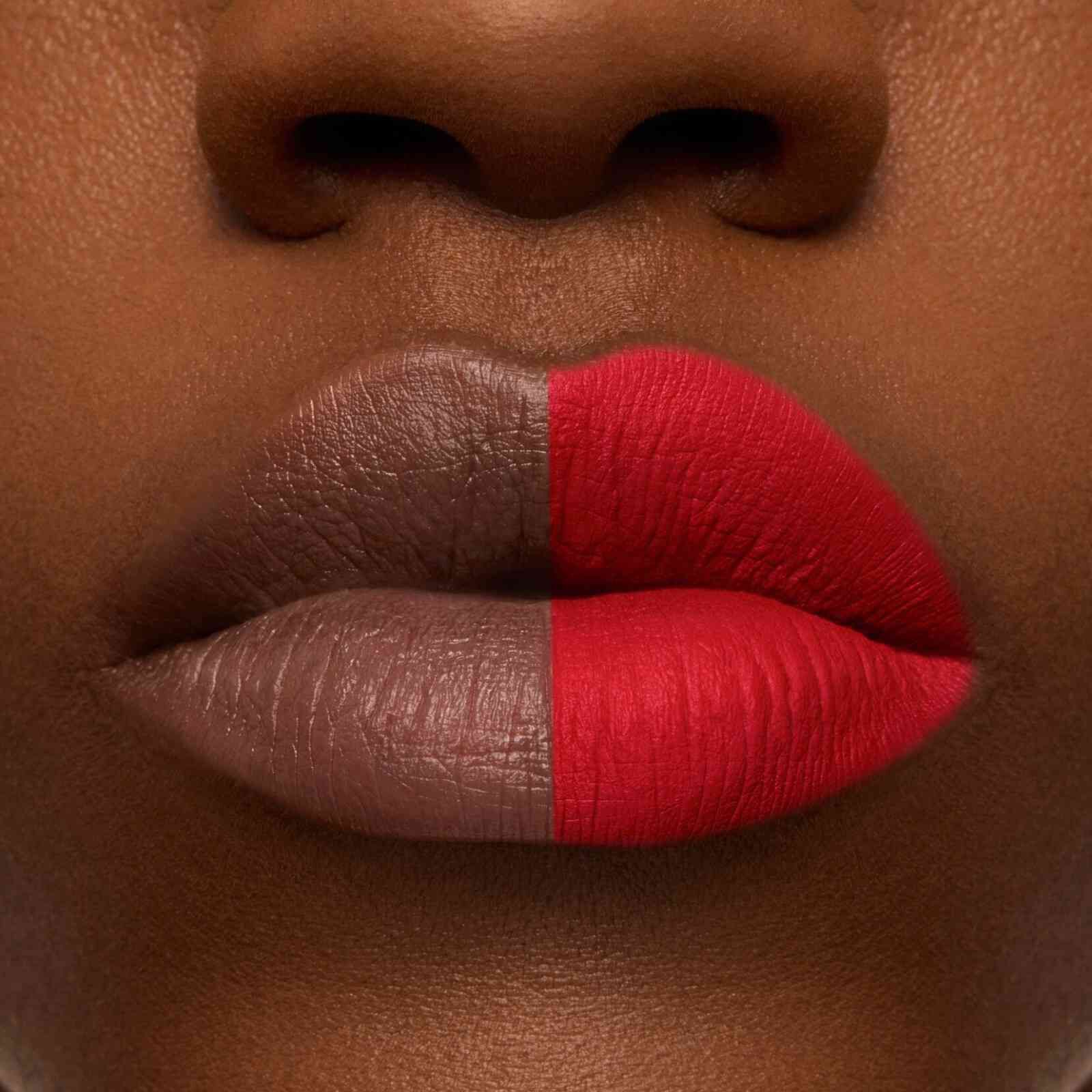 Before and after application of Lancome L'Absolu Rouge Drama Matte lipstick on deep skin, revealing a dramatic matte effect