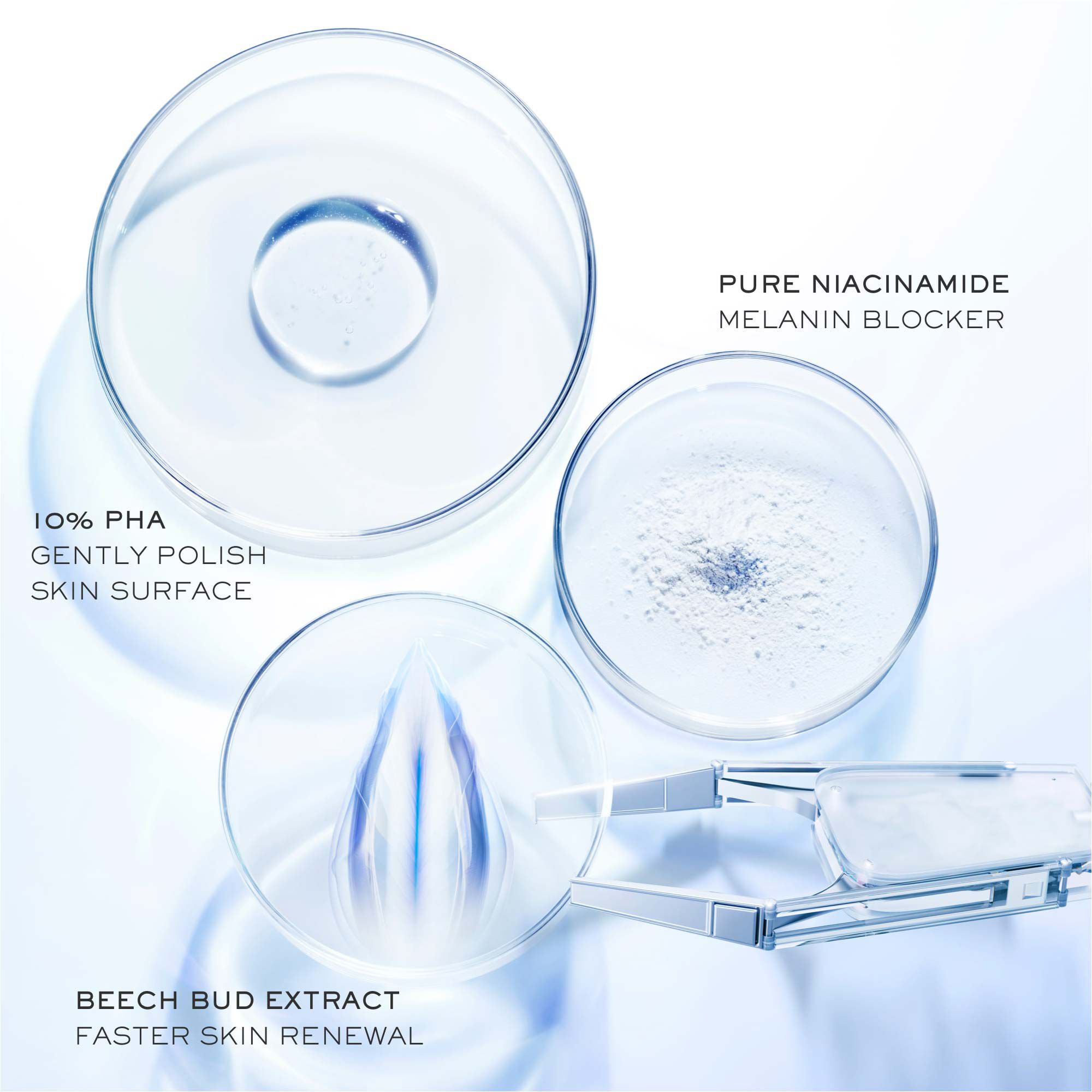 Hand holding Lancome Clarifique dropper over serum bottle emphasizing precision in serum application.