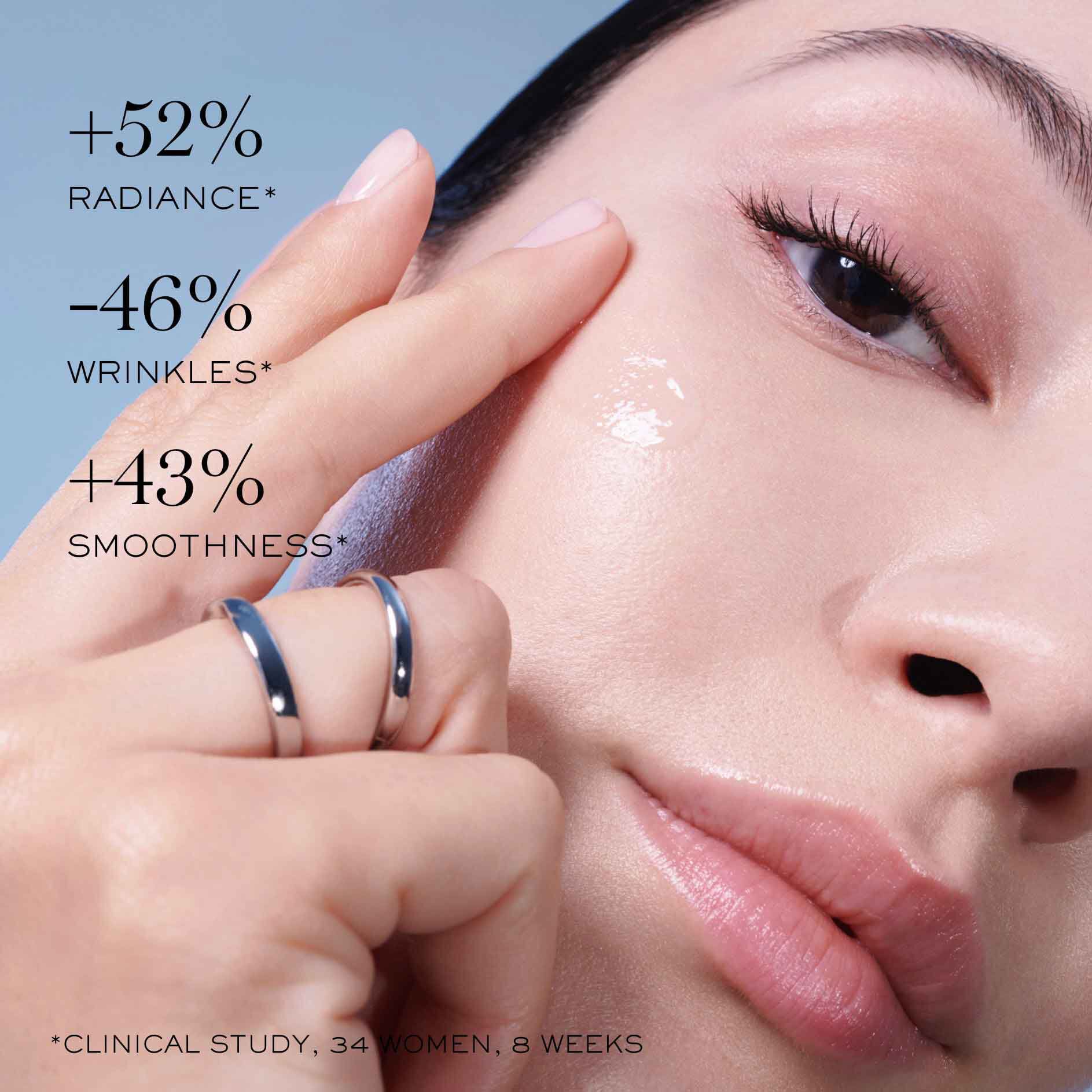 Model applying Lancome Advanced Genifique serum with improvement percentages for radiance, wrinkle reduction, and smoothness.