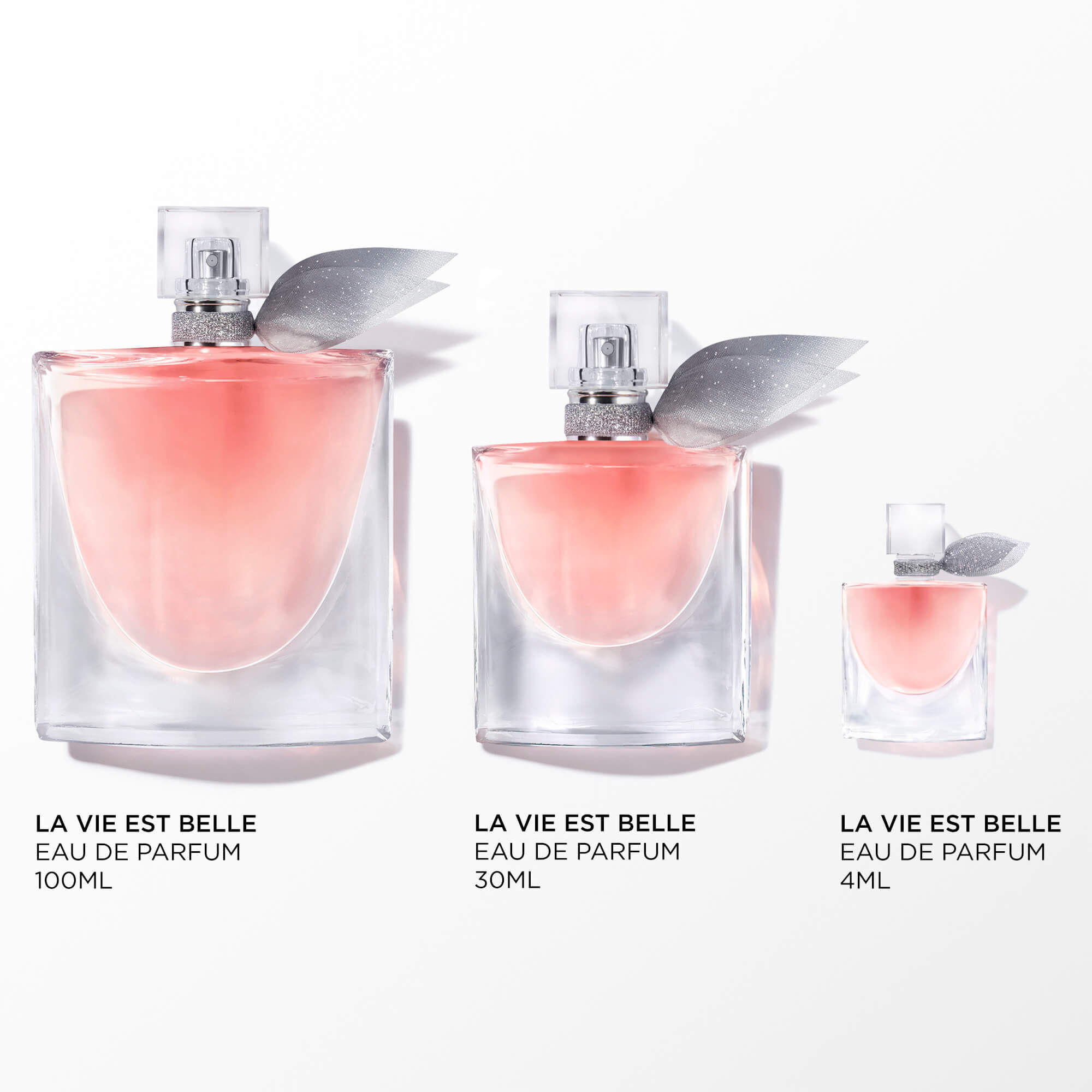 Image of the following products on a white background: LA VIE EST BELLE EDP 100ML - LA VIE EST BELLE EDP 30ML - LA VIE EST BELLE EDP 4ML