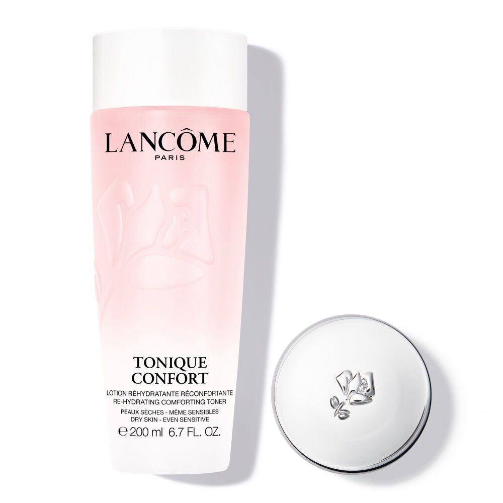 Lancome Tonique Confort toner with Advanced Genifique Youth Activating Serum  illustrating a skincare routine for hydration and youth activation.