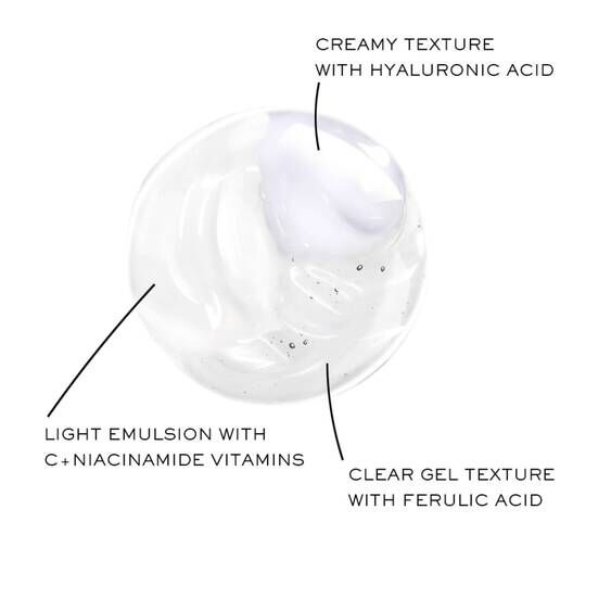 Textured close-up showing the different formulations of Lancome Renergie H.C.F. Triple Anti-Ageing Serum: creamy texture with Hyaluronic Acid, clear gel with Ferulic Acid, and light emulsion with Vitamin C + Niacinamide