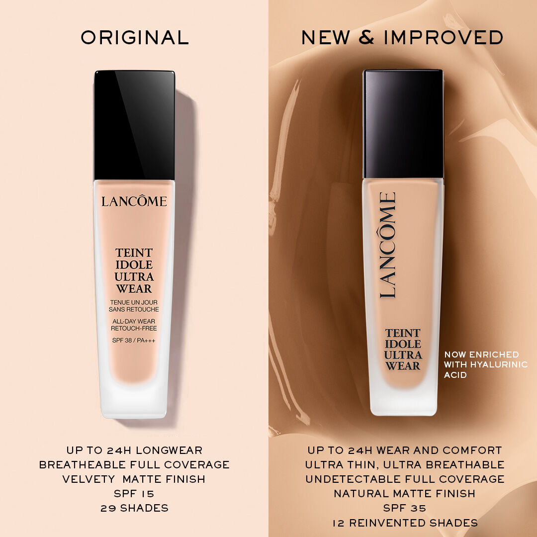 Side-by-side view of original and new Lancome Teint Idole Ultra Wear Foundation bottles