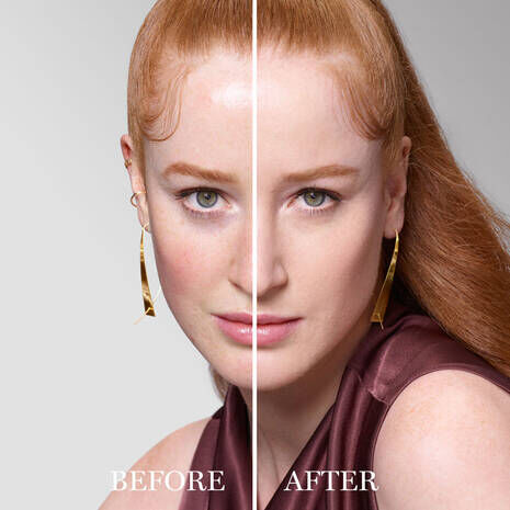 Before-and-after comparison showing a model wearing Lancome Teint Idole Ultra Wear Foundation