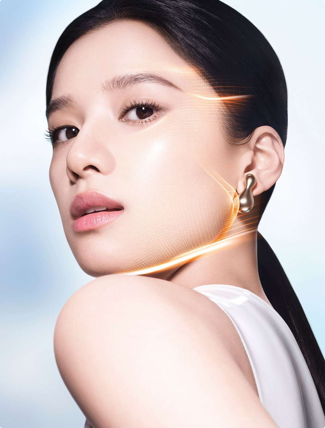 Model with animated lines on the jawline